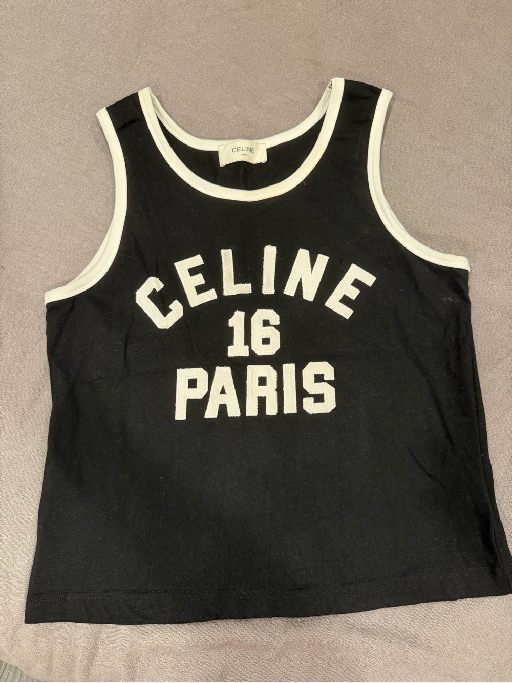 Celine Black Tank Top with White Trim and Logo